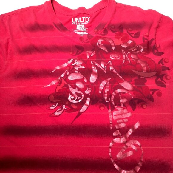 Ecko Unltd The Exhibit Shirt Men 2XL Red Stripe Y2K Foil Graphic Retro V Neck - Picture 13 of 13